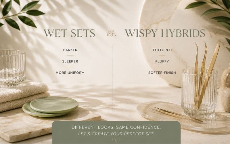 Wet sets compared with wispy hybrid lashes — Aries Lash in Clear Lake, TX